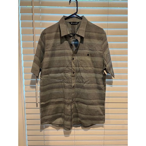 Travismathew Mens Short Sleeve Button Down Shirt Grey Blue Striped Large L
